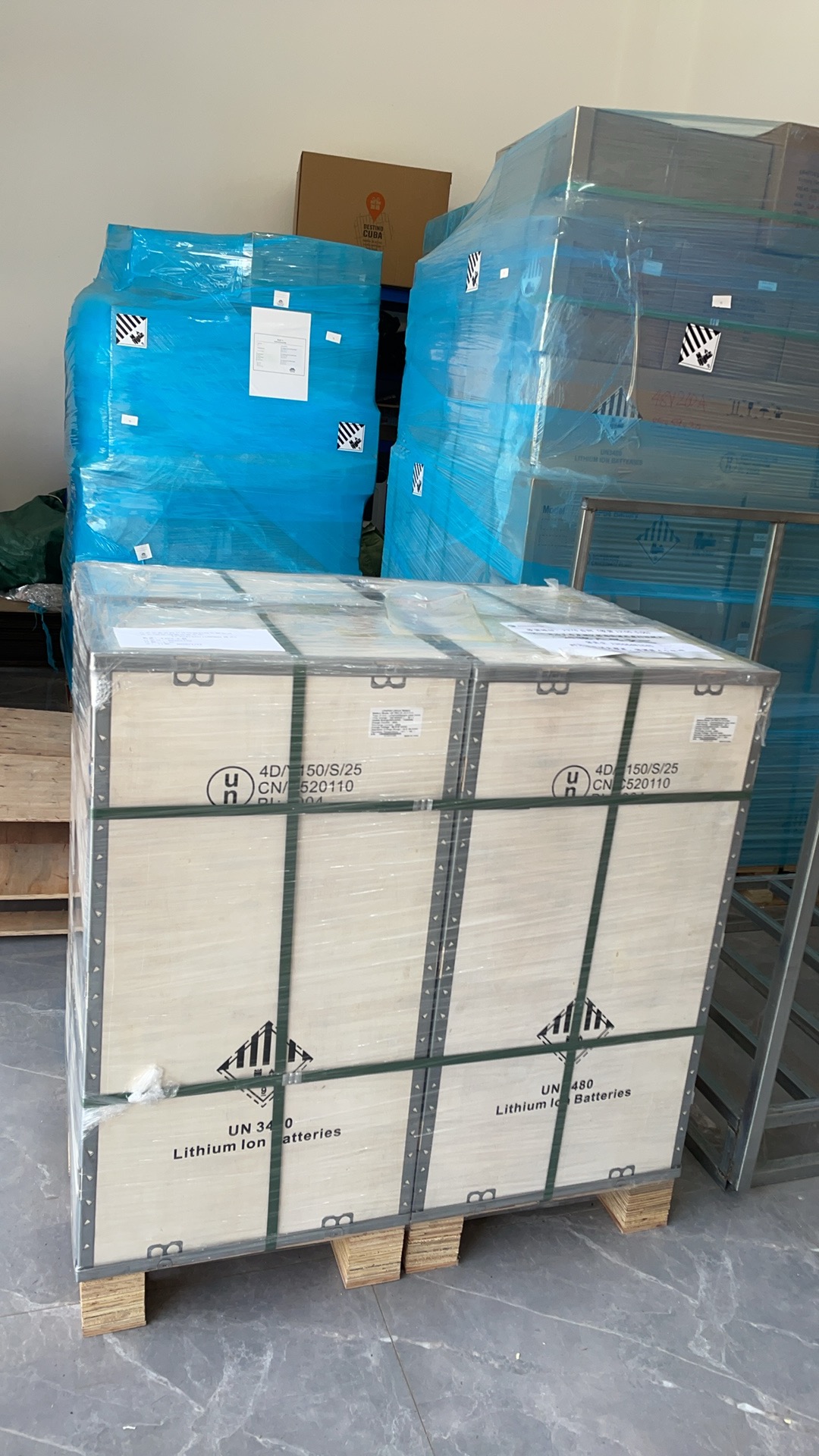 UN 3480 lithium battery crates banded and labelled for carriage