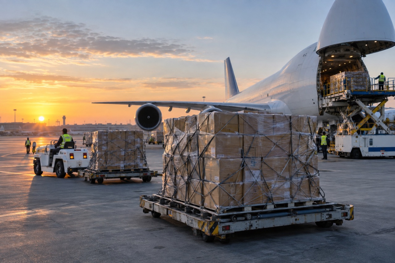Illustrative image: export cartons on air-freight pallets beside a wide-body freighter