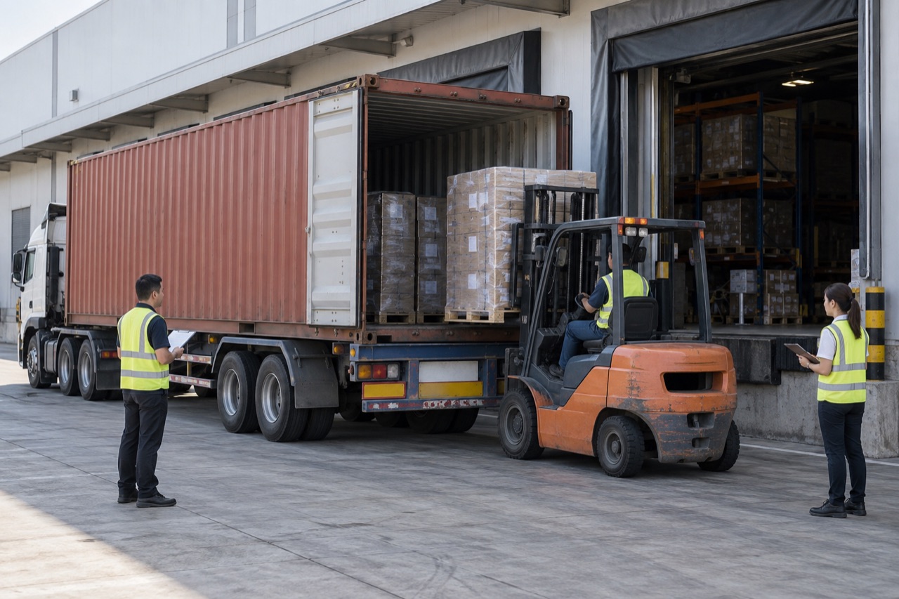 Illustrative image: a shipping container on a delivery truck being unloaded at a warehouse dock