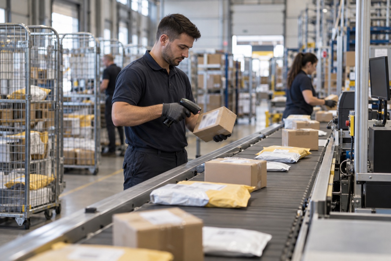 Illustrative image: parcels moving along a sorting conveyor at an express courier depot