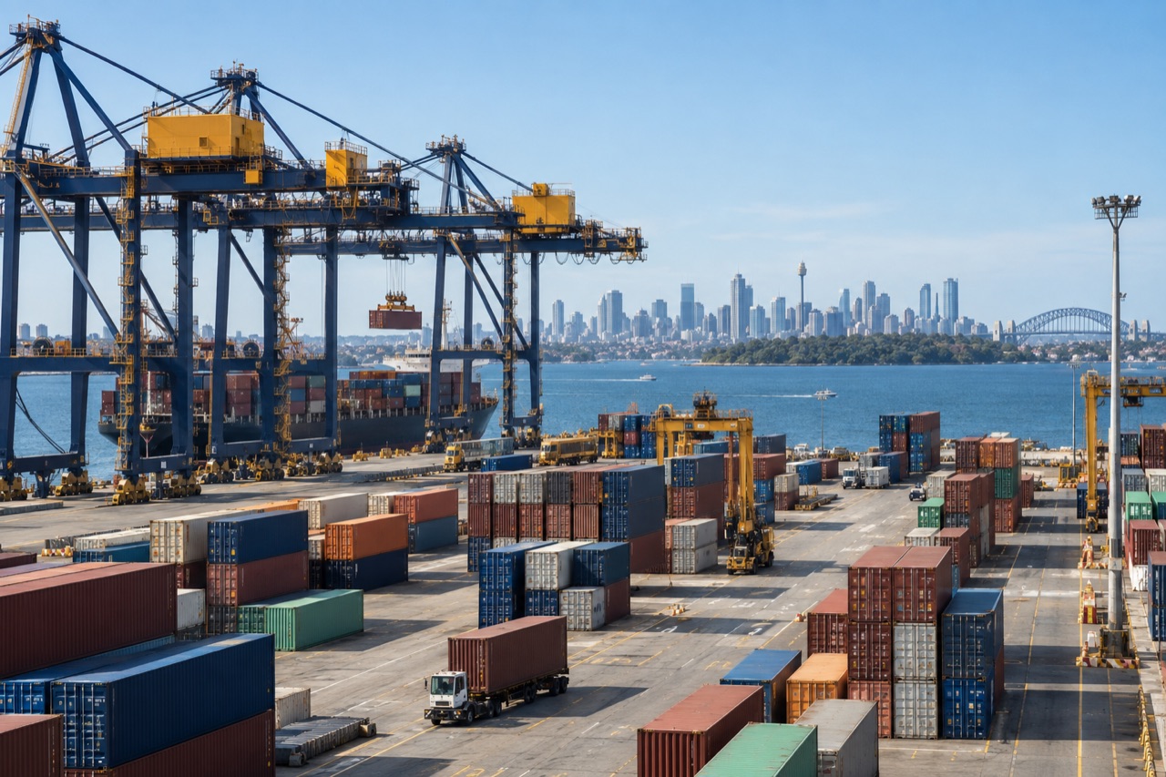 Illustrative image: an Australian container terminal with gantry cranes, stacked containers and harbour water