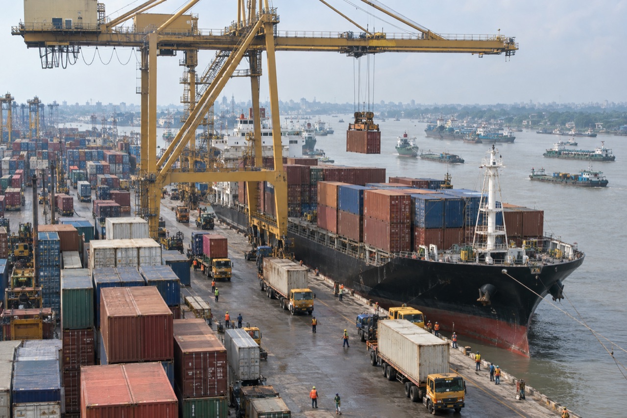 Illustrative image: a gantry crane loading a vessel at the Chattogram container yard with river craft in the distance