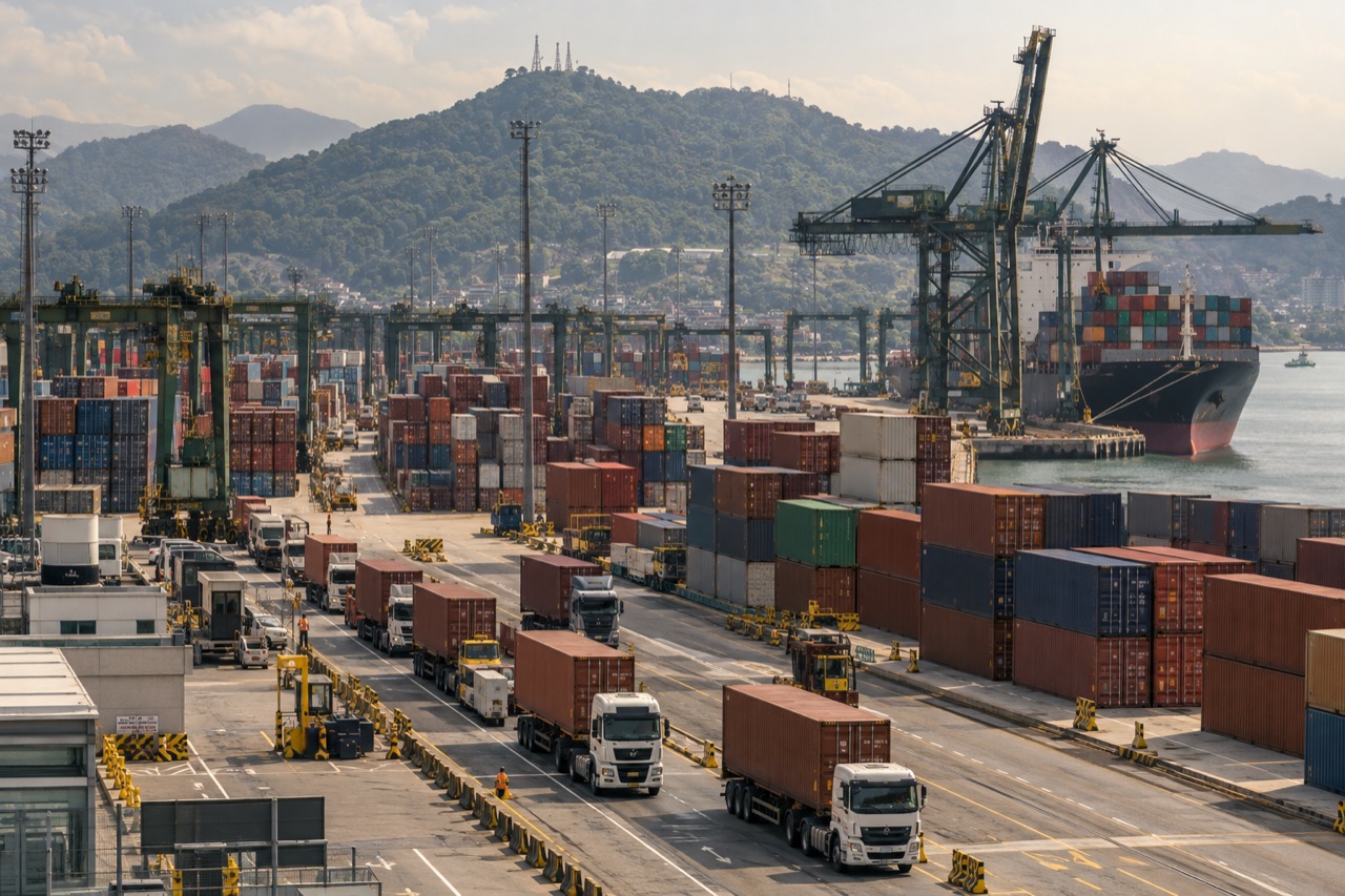 Illustrative image: dense container stacks and gantry cranes at the port of Santos