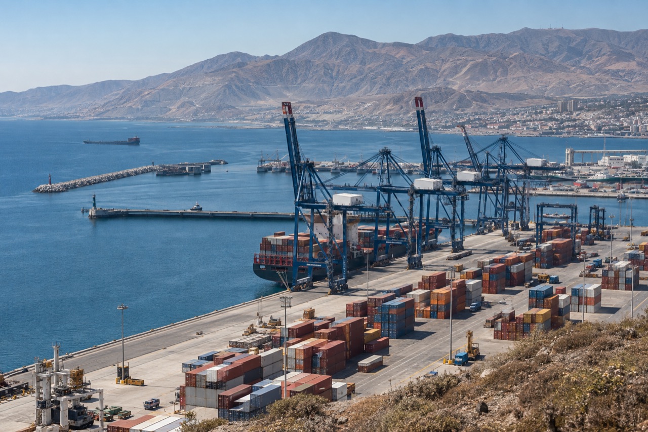 Illustrative image: container cranes at San Antonio port beneath dry coastal mountains in Pacific light