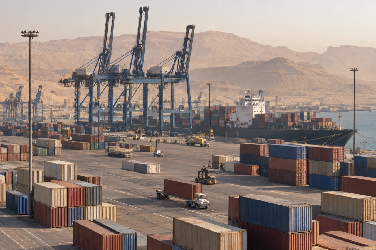 Illustrative image: cranes and container stacks at Ain Sokhna port with desert hills in the background