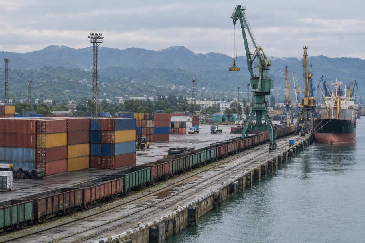 Illustrative image: container stacks and a rail siding with freight wagons at the Black Sea port of Poti