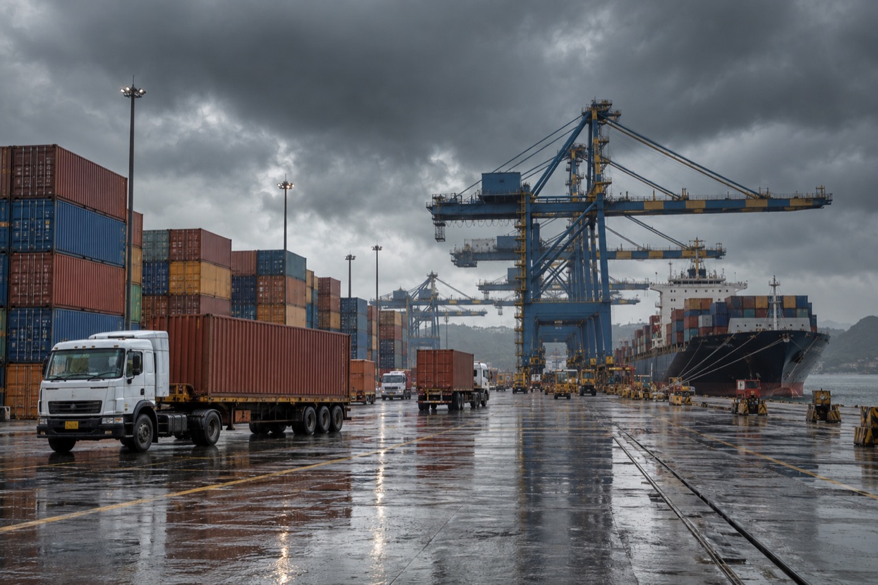 Illustrative image: a container terminal in India with gantry cranes and trucks on wet ground