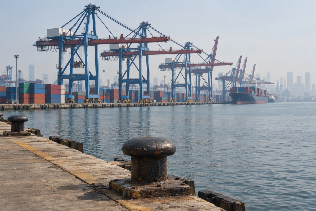Illustrative image: gantry cranes and container stacks at Tanjung Priok terminal in tropical haze
