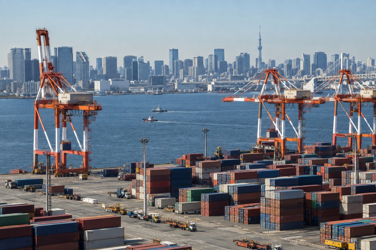 Illustrative image: a container terminal in Tokyo Bay with gantry cranes and the city skyline beyond