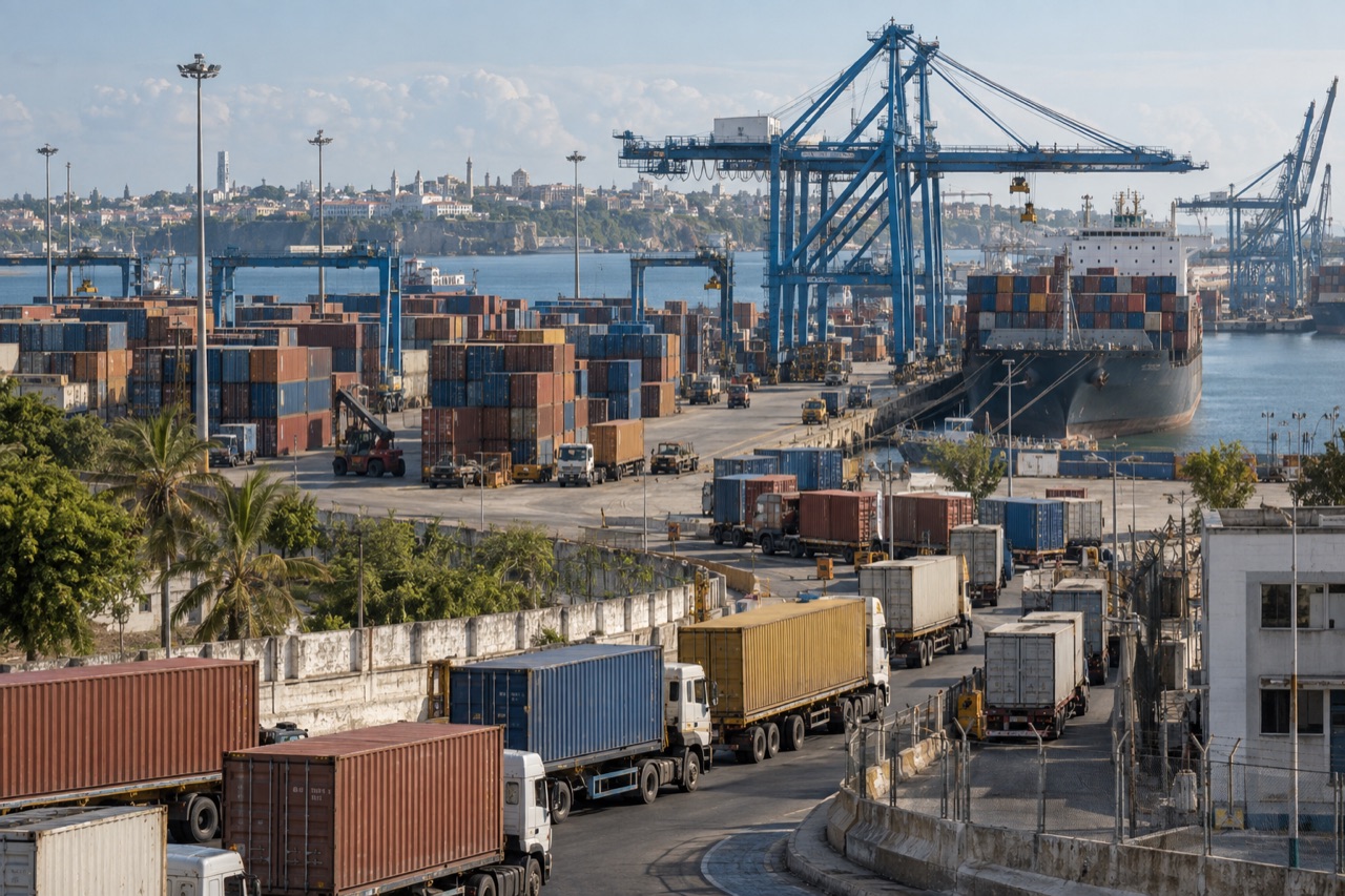 Illustrative image: gantry cranes and container stacks at the Port of Mombasa in warm coastal light