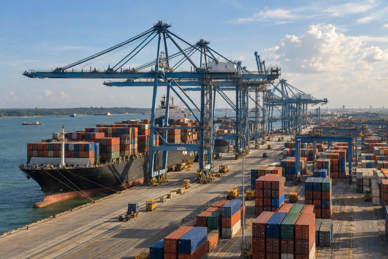 Illustrative image: container cranes and stacks at Port Klang terminal in tropical afternoon light