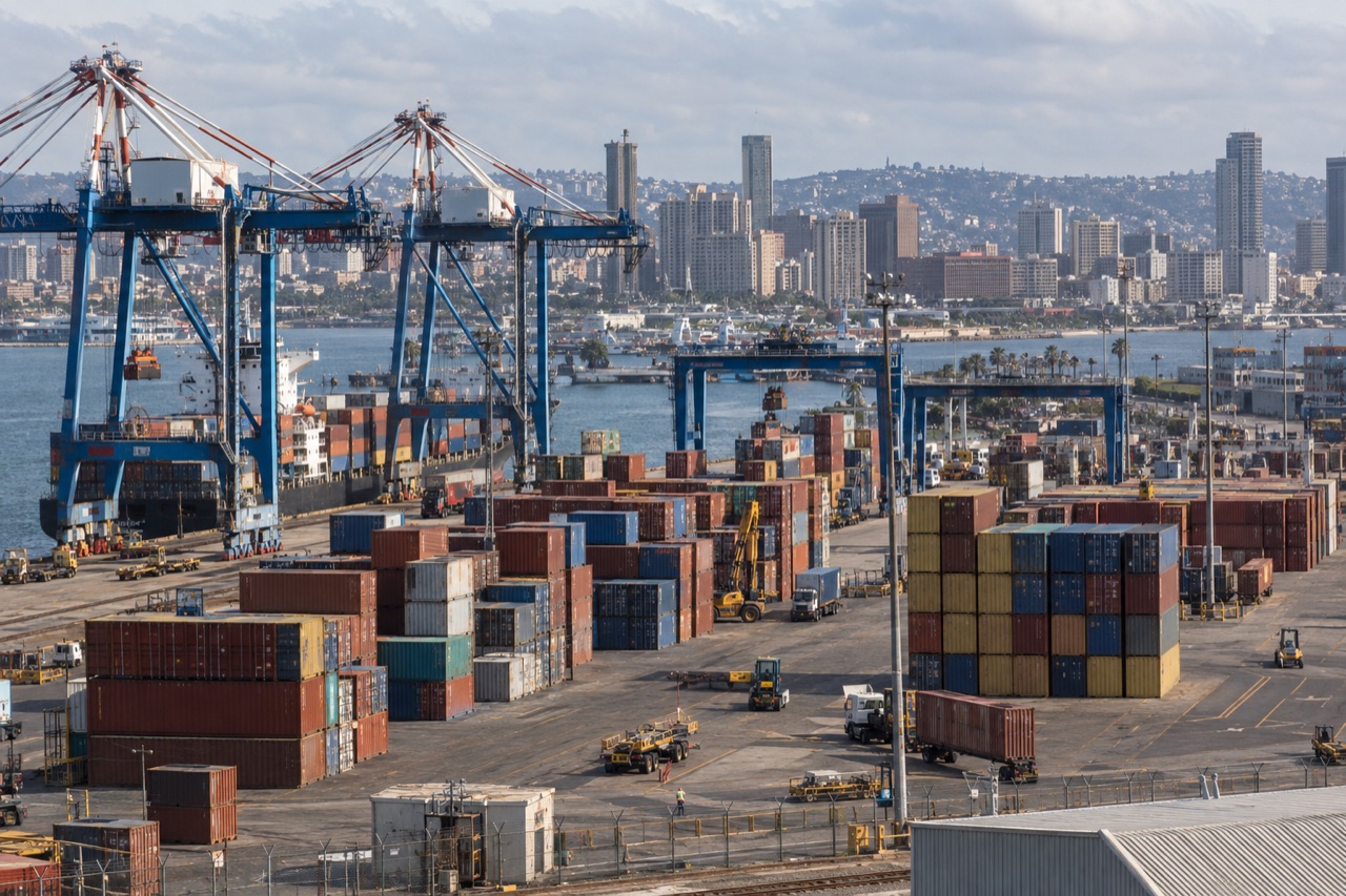 Illustrative image: gantry cranes and stacked containers at the Port of Durban with the city skyline behind