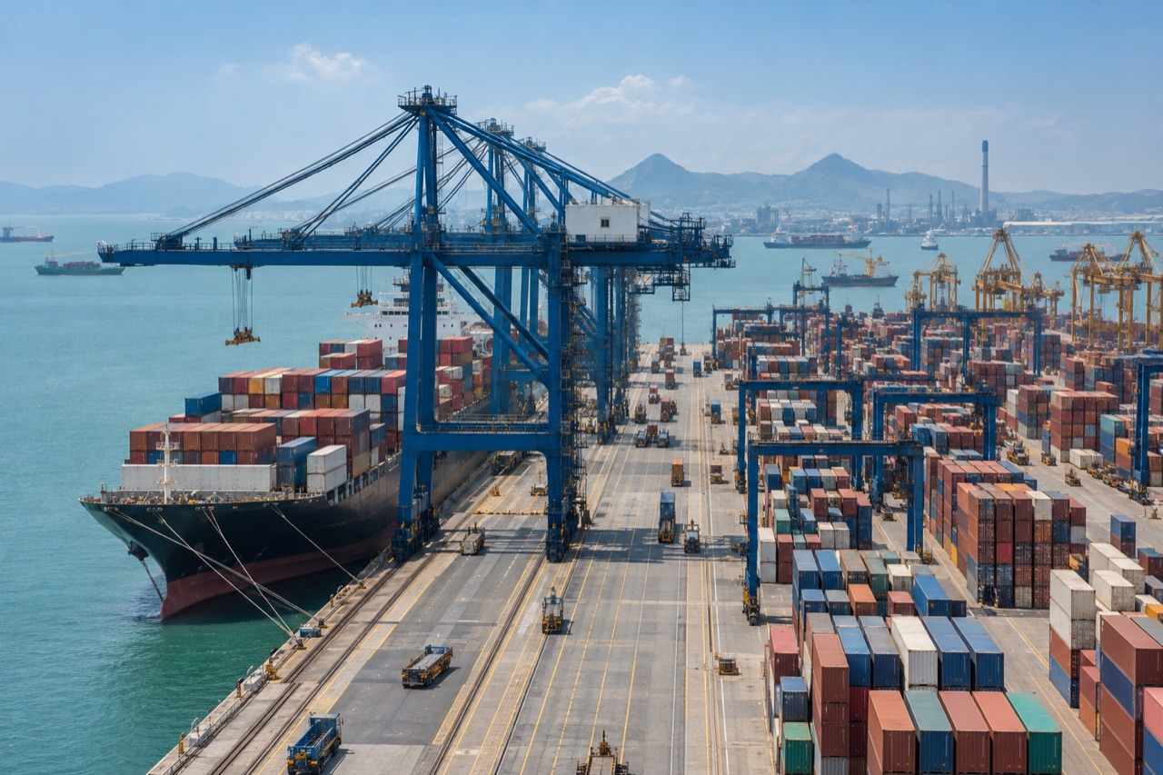 Illustrative image: gantry cranes and container stacks at Laem Chabang terminal on the Thai coast