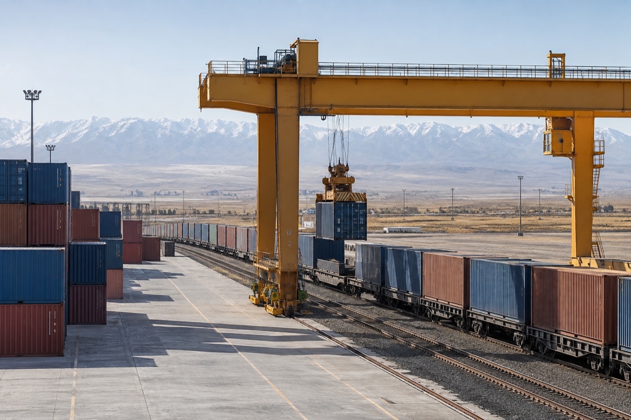 Illustrative image: a rail-mounted gantry crane loading a container train at an inland terminal in Central Asia