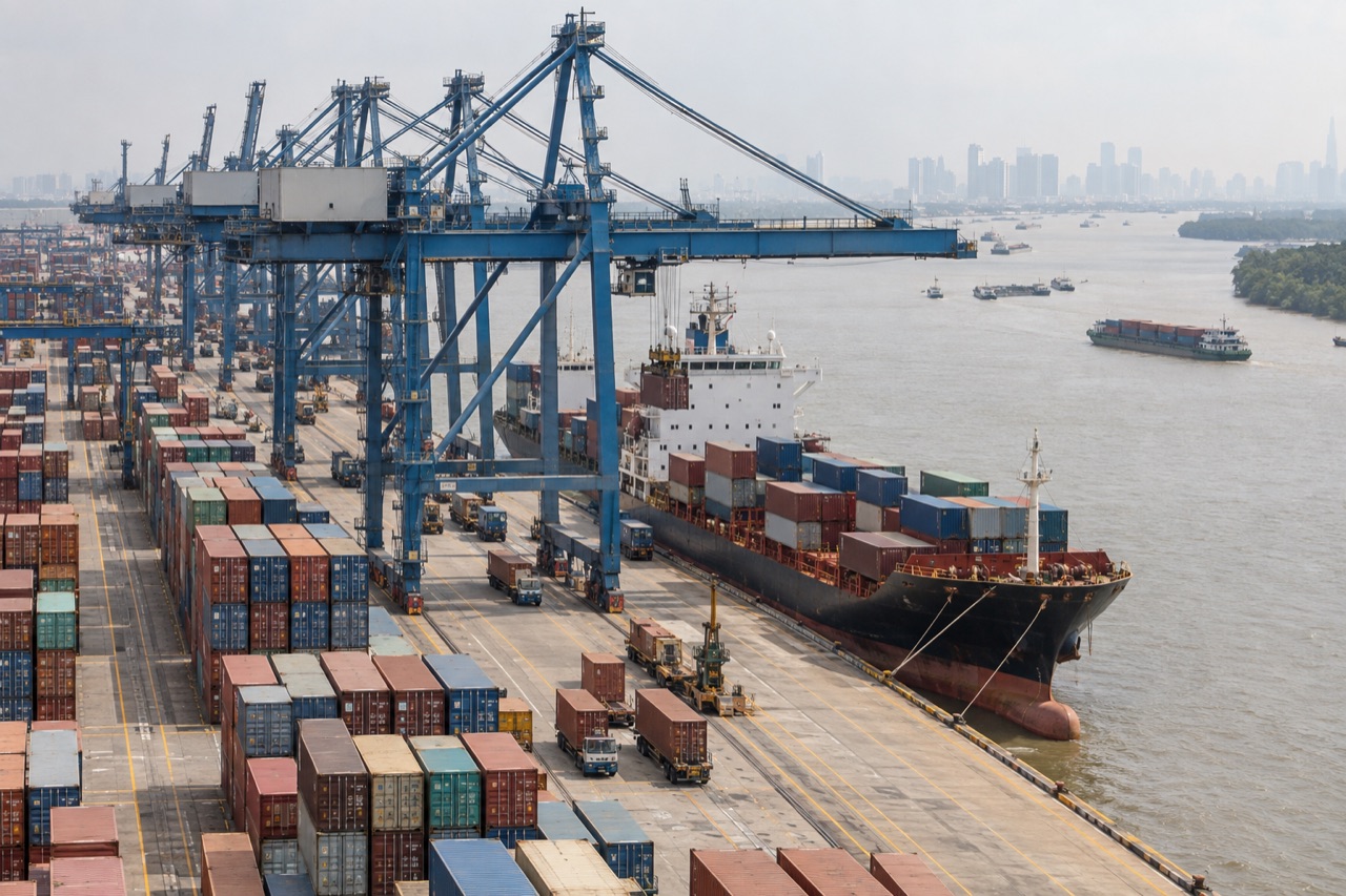 Illustrative image: a container terminal on a tropical river with a feeder ship at the quay