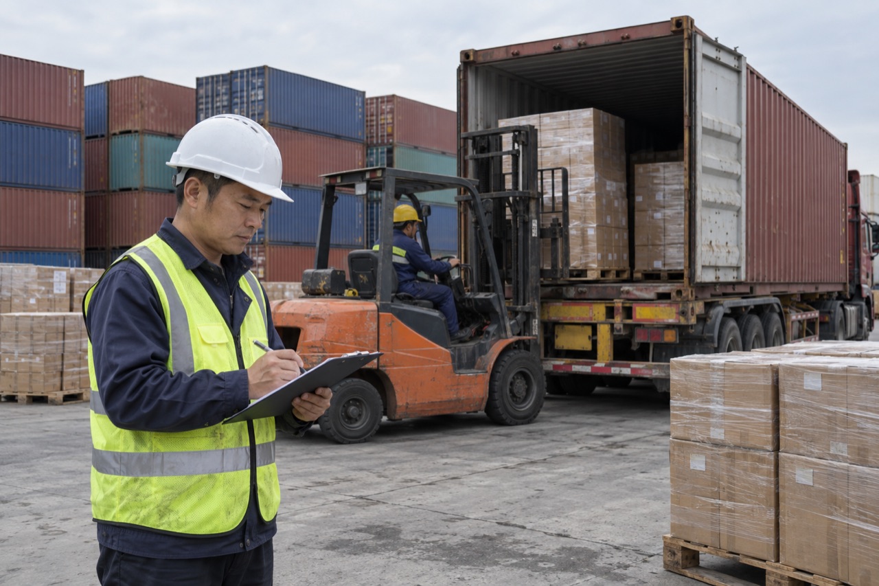 Illustrative image: a loading supervisor checking cartons as pallets are loaded into a container