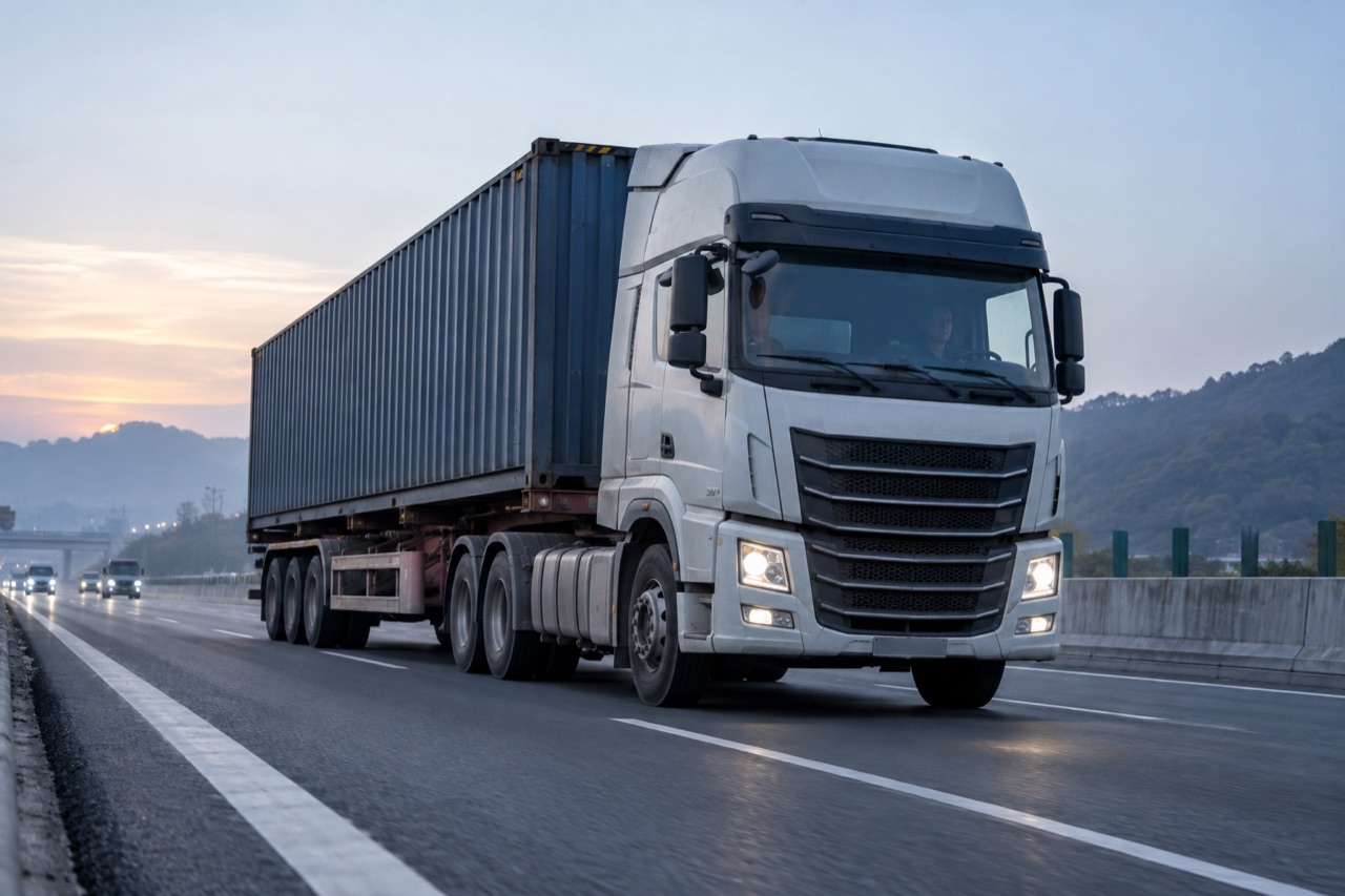 Illustrative image: a container truck on the road just after dawn