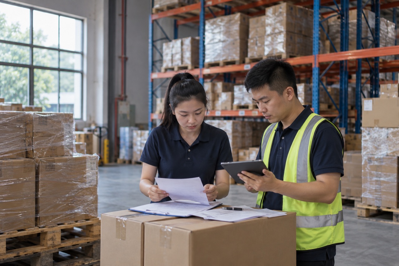 Illustrative image: warehouse staff reviewing shipment details beside stacked cartons