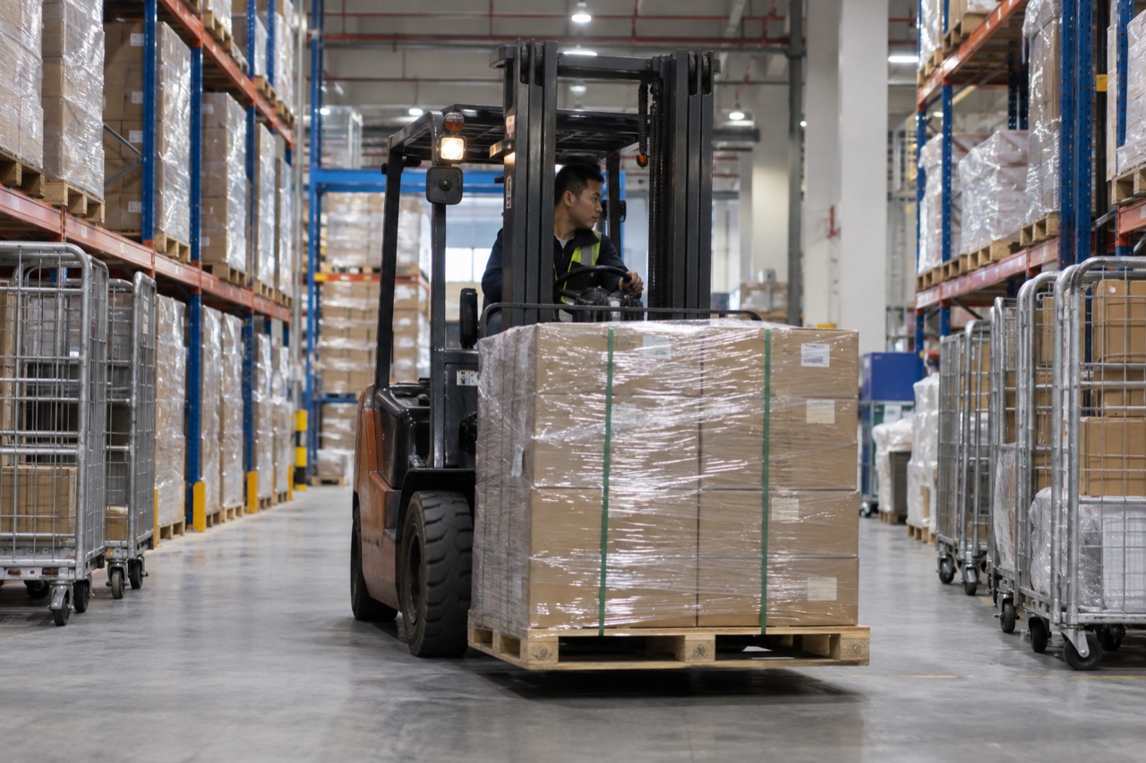 Illustrative image: a forklift moving a pallet of wrapped cartons in a consolidation warehouse