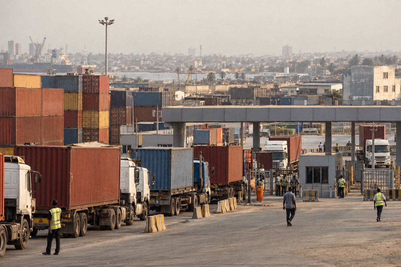Illustrative image: stacked containers and trucks queueing at an African port