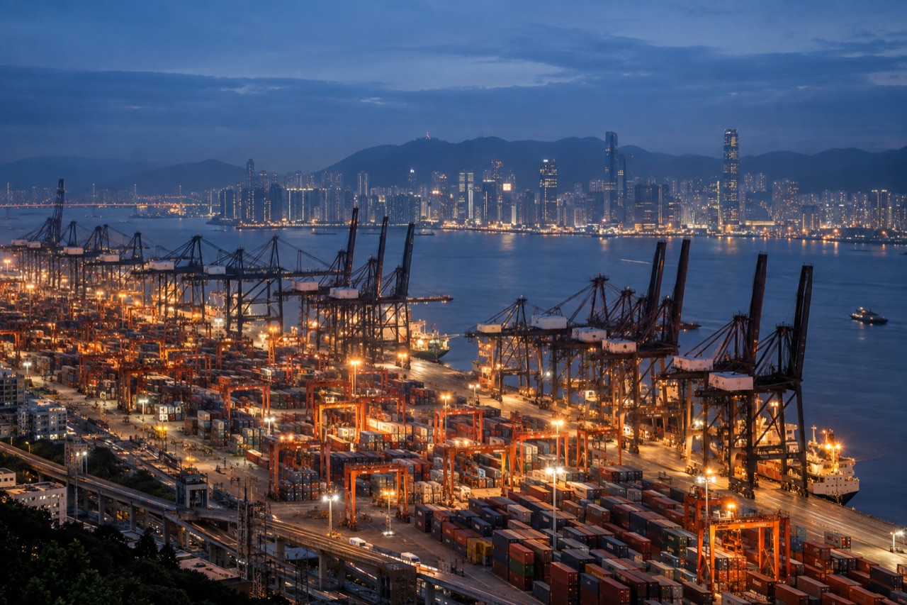 Illustrative image: rows of gantry cranes and dense container stacks at an East Asian port at blue hour
