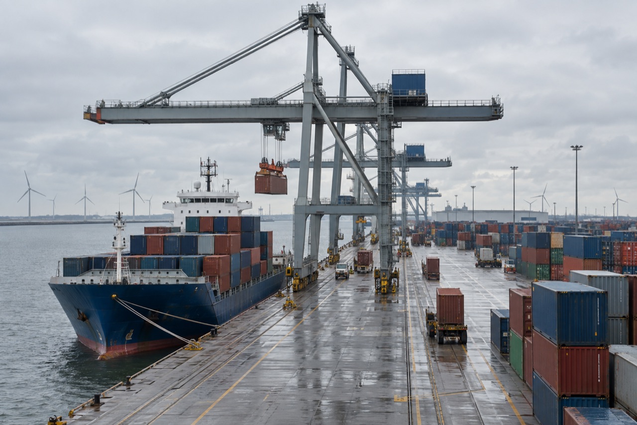 Illustrative image: gantry cranes and a feeder vessel at a North European container terminal