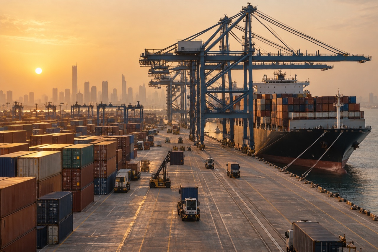 Illustrative image: gantry cranes and stacked containers at a Gulf coast container terminal