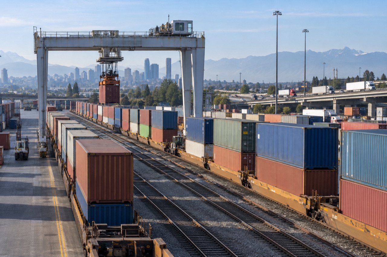 Illustrative image: double-stacked container trains and a gantry crane in a North American rail yard