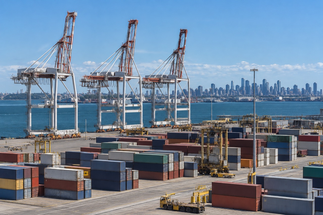 Illustrative image: container cranes and harbour water at an Australian container terminal