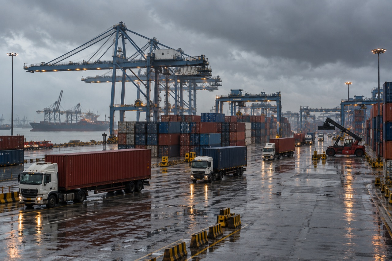 Illustrative image: container terminal under a monsoon sky in South Asia