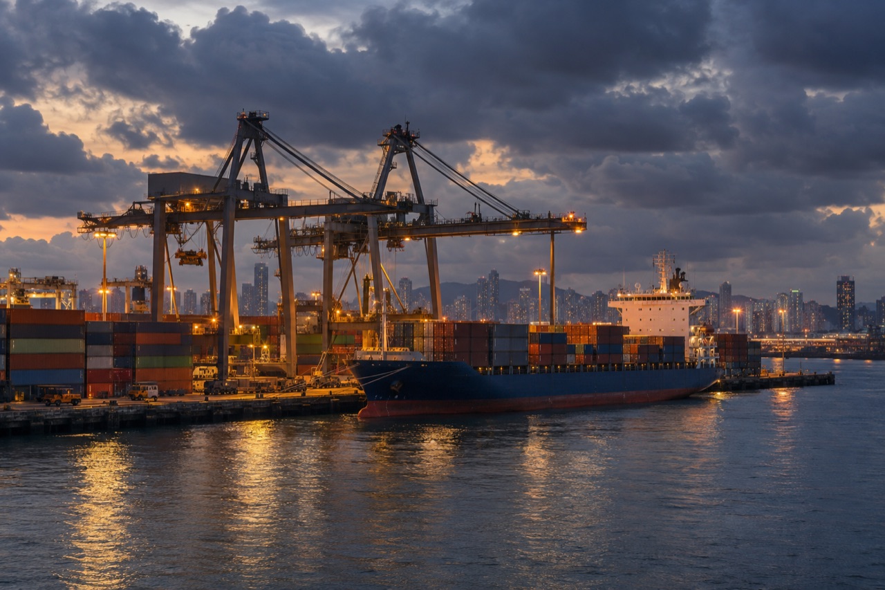Illustrative image: container cranes and a feeder ship at a Southeast Asian port at dusk
